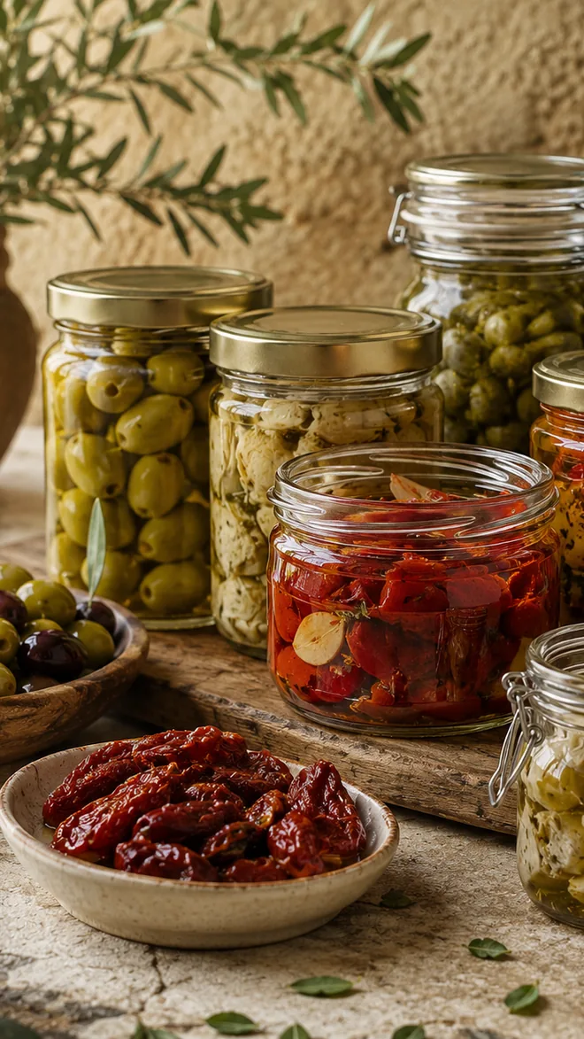 Frascos de aceitunas, alcauciles y tomates secos apoyados sobre una tabla de madera